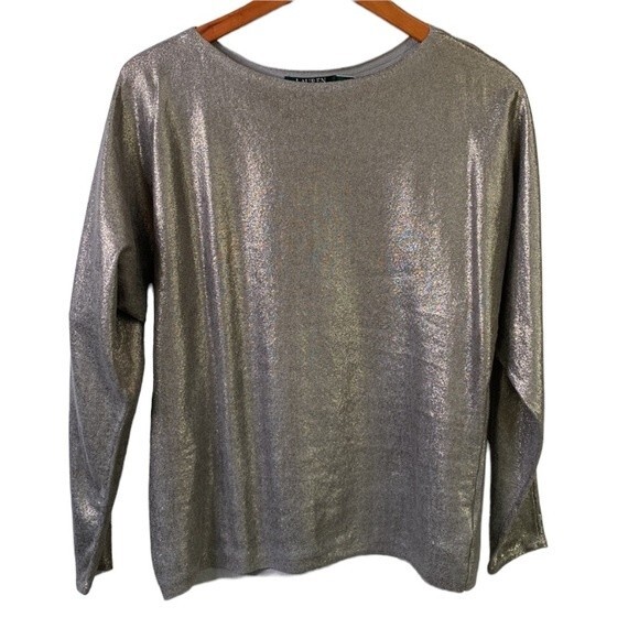 Lauren Ralph Lauren Silver Metallic Sweater Top Dolman Long Sleeve Pull Over - Picture 5 of 16